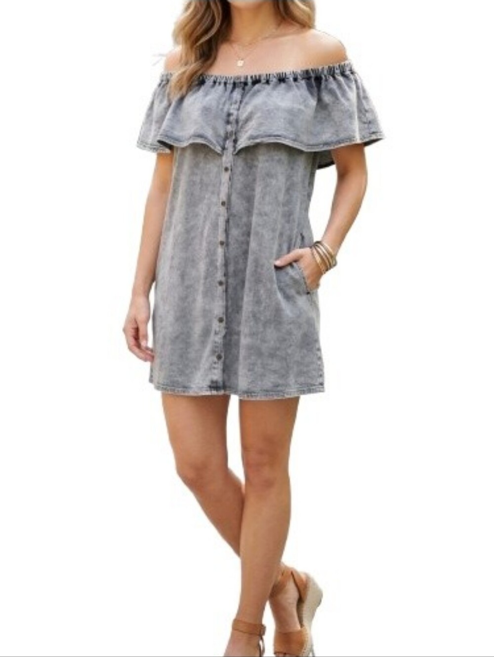 bluheaven Gray Acid Wash Knit Dress Off-Shoulder Faux Button-Up Ruffle Pockets